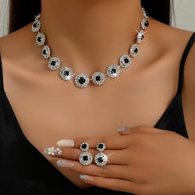 3PS Trouwseizoenen Luxe Volledige Diamant Dames Oorbellen Ketting Sieradenset Trouwjurk Nekaccessoires Damesjurk silver&45cm