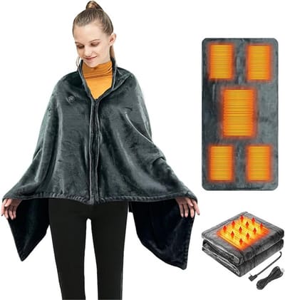 Draagbaar Warmtedeken Draadloos – Oplaadbaar met USB – Powerbank – Met Ritssluiting – 3 Warmte Standen – Extra Verwarmingzones – Thuis - Grijs