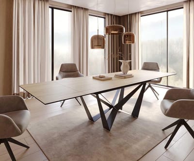 Eetkamertafel Edge keramiek Laminam® Sabbia eiken kleur 200-300x100 spider vlak staal zwart uitschuifbaar