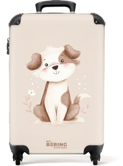 NoBoringSuitcases.com® - Kinderkoffer - Kindertrolley jongen en meisje - Hond in de kleuren bruin en beige - Handbagage koffer lichtgewicht - Reiskoffer trolley kinderen - Rolkoffer met wieltjes - Past binnen 55x40x20 en 55x35x25