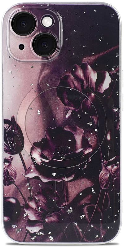 Casemania Hoesje Geschikt voor Apple iPhone 13 - Donker Paars - Bloemen Glitter Back Cover met Camera Bescherming - Geschikt voor MagSafe