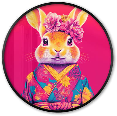 Poster in lijst Rond - Fotolijst 60x60 cm - Posters - Konijn - Bloemen - Kleurrijk - Kimono - Ronde posterlijst zwart - Decoratie - Wanddecoratie woonkamer - Muurdecoratie slaapkamer