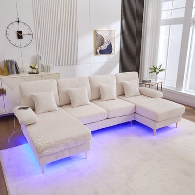 U-vorm bank met LED-sfeerverlichting en USB-C oplaadpoort - voor woonkamer en gezelschap - 4-6 personen - beige - massief houten frame - ergonomische rugleuning - incl. 4 comfortabele kussens