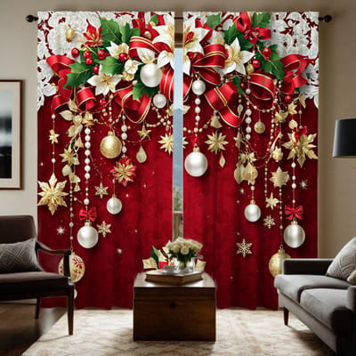 2 pièces HD système numérique couleur rouge boule florale suspendue rideaux festifs style décoration maison décoration salon chambre th W52H63inchW132H160cm brown