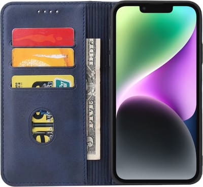 Smartphonica iPhone 14 kunstleren hoesje met magnetische sluiting en pashouders book case - Blauw geschikt voor iPhone 14