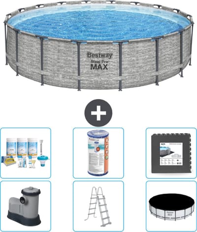Bestway Rond Steel Pro MAX Zwembad - Steenprint - 549 x 122 - Inclusief Pomp - Ladder - Afdekzeil Onderhoudspakket - Filter - Vloertegels