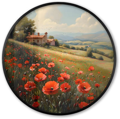 Poster in lijst Rond - Fotolijst 60x60 cm - Posters - Klaprozen - Rood - Heuvels - Landschap - Ronde posterlijst zwart - Decoratie - Wanddecoratie woonkamer - Muurdecoratie slaapkamer