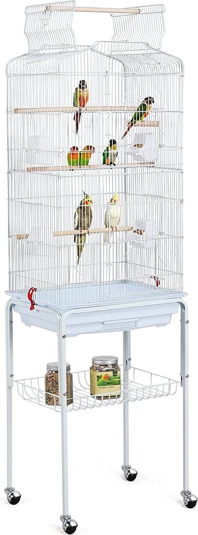 Papa Simba XXL Vogelkooi voor Parkieten & Kanaries - Met Standaard, Wielen, Zitstokken & Voerbakken - Sterk Metaal- Wit- HMTM-10002-White