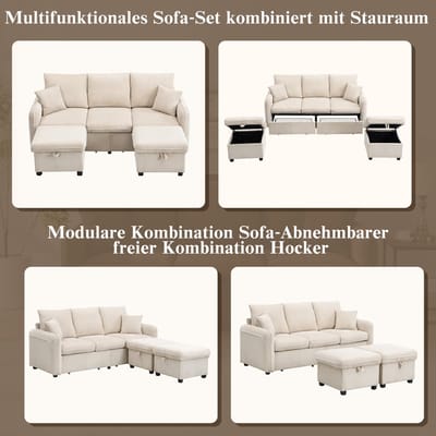 Multifunctionele hoekbank U-vormige driezitsbank met opbergfunctie – inclusief lades + voetenbank met opbergvak – modulair demonteerbare bankstel met slaapfunctie – corduroy bekleding