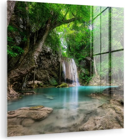MuchoWow® Glasschilderij 50x50 cm - Schilderij acrylglas - Jungle - Waterval - Planten - Water - Natuur - Foto op glas - Muurdecoratie woonkamer - Wanddecoratie slaapkamer - Schilderijen