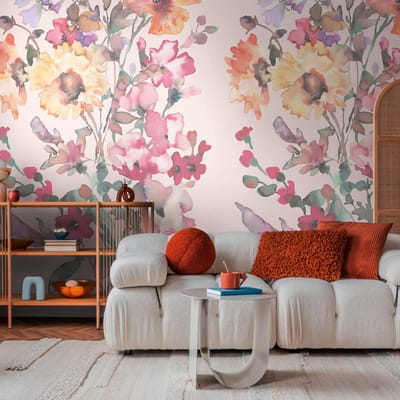 Fotobehang Profhome 791453-GU vliesbehang hardvinyl warmdruk in reliëf licht gestructureerd met bloemen patroon mat roze pastelgeel groen paars 1,59 m x 2,8 m