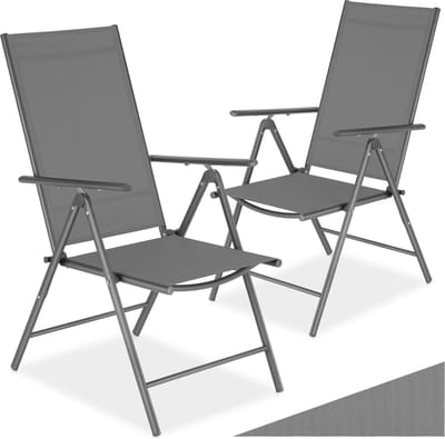 tectake® Tuinstoelen - Set van 2 - Campingstoelen met 8-voudig Verstelbare Hoge Rugleuning - Opklapbaar en Lichtgewicht - Stalen Frame met Ademend Textileen Gaas - Stoelen voor Tuin en Balkon - Antraciet