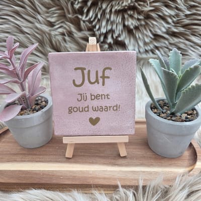 Robuust Wenstegeltje Juf jij bent goud waard! – Cadeau Juffendag – Afscheid Juf – Bedankje – Trendy – Woondecoratie – Cadeautje – Decoratief Tegeltje met Standaard – Cadeau Idee