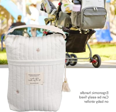 Babyfles Luier Opbergtas - Mama Tas Kinderwagen - Opslag Babybenodigdheden - Gewatteerd Borduurwerk - 35 x 27 cm - Wit