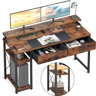 Stijlvol Computerbureau Met 2 Laden – 120 x 50 x 87 cm – Ruim Werkoppervlak Met Monitorstandaard – Opbergrek – Industrieel Design – Voor Thuis en Kantoor – Bruin