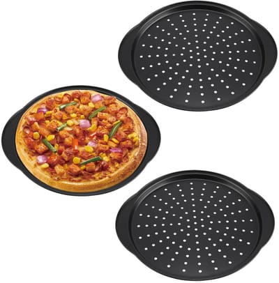 Dailygoods- Pizzaplaat Geperforeerd 32 cm - Ronde Bakplaat - Anti-aanbaklaag - Koolstofstaal - Optimale Luchtcirculatie - Handgrepen voor Controle