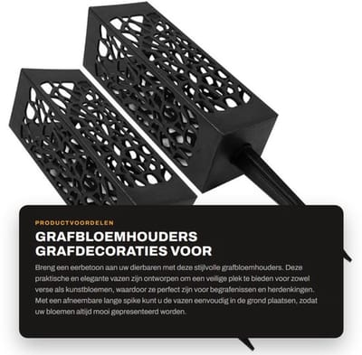 Grafbloemhouder - 2 Stuks - Grafvaas met Steker - Grafdecoratie - Kunstbloemenhouder - Afneembare Spike - Zwart, 28,5x6cm