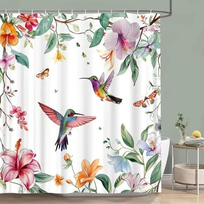 Kolibrie Bloemen Douchegordijn Vogels Aquarel op Bloementakken Bedrukt Polyester Badgordijnen Badkamer Decor met Haken 220x180cm-86x70in