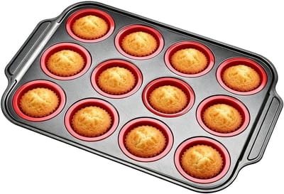 Siliconen Bakvorm - Muffin Vormen - Taarten Bakken - Versterkt Stalen Frame - 12 Gaten - Grijs