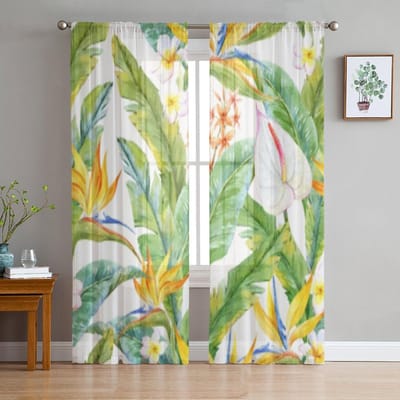 Aquarel Plumeria Bloemen Tule Transparante Gordijnen voor Woonkamer de Kamer Slaapkamer Keukendecoratie Voile Organza Gordijnen 135W x 114H(cm) beige
