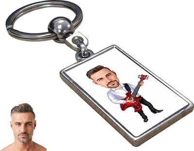 Man met Elektrische Gitaar Karikatuur - Gepersonaliseerde Karikatuur Sleutelhanger met Jouw Foto - Cadeau - Verjaardag - Kerst - Kado - Valentijn - Gepersonaliseerd Cadeau