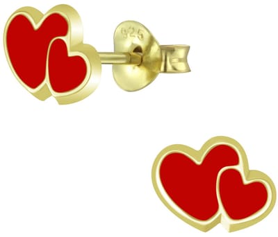 Joy|S - Zilveren hartjes oorbellen - dubbele hartjes - rood - gold plated - goudkleur met rode hartjes
