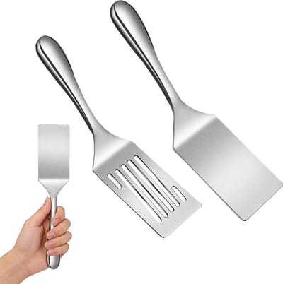 Multifunctionele spatula set van 2 stuks, hoogwaardig roestvrij staal, ideaal voor pannenkoeken en eieren, comfortabel in gebruik en eenvoudig te reinigen