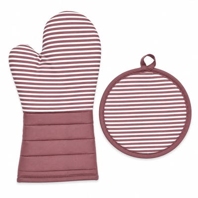 Ovenhandschoen en Pannenlap Set – Oudroze/Roodroze – 2-delige Keukenset met Witte Strepen – Ovenwant 18 x 34 cm + Ronde Pannenlap Ø 21 cm
