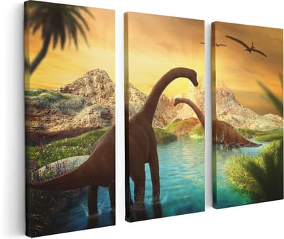 Artaza Canvas Schilderij Drieluik Dinosauriërs in het Water - Dino's - 120x80 cm - Wanddecoratie Woonkamer - Schilderijen - Muurdecoratie