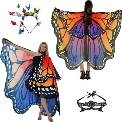 Vrouwelijk Vlindercostuum met Twee-fase Vleugels, Cape en Accessoires voor Carnaval en Feestjes