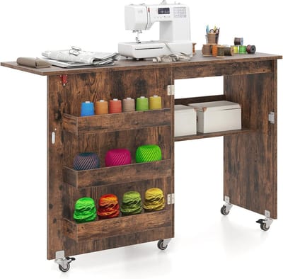 Inklapbare Naaimachinekast met Wielen – 2-in-1 Houten Bureau en Opbergmeubel voor Thuis en Kantoor