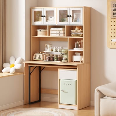 Computertafel 180 cm - Bureau met Opbergkast en Boekenkast - Werktafel - Hout - Wit/Naturel