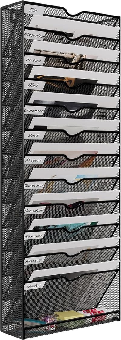 13 Tier A4 Mesh in Tray Hangende Muur Bestand Houder Mail Organizer Tijdschrift Opslag Rek, Zwart