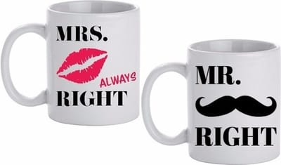 Koffie Mokken set Mr & Mrs Right - wit - 300 ml - dames en heren - bruiloft cadeau - huwelijk