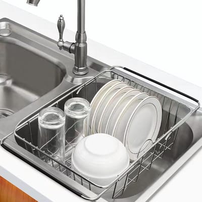 Kitchen Sink Drainer - Plates and Cutlery Holder - Metal with Cutlery Tray - Small Dish Drainer - Stainless Steel - Ideal for Cutlery Glass Cups