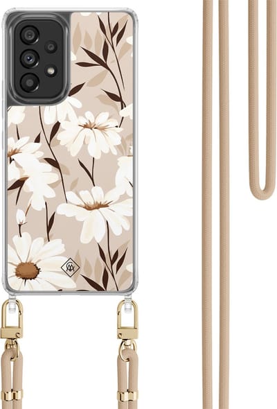 Casimoda® hoesje met koord - Geschikt voor Samsung A53 - In Bloom - Afneembaar koord - TPU/polycarbonaat - Bruin/beige
