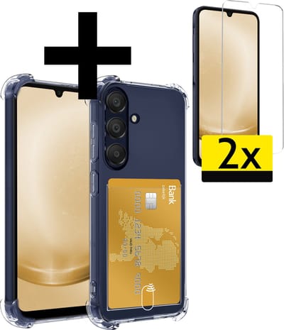 Hoesje - Geschikt voor Samsung Galaxy A25 - Met 2x Screenprotector - Pashouder - Kaarthouder - Telefoon Hoes Shockproof - Siliconen Case - Back Cover - Shock Proof - Pasjes Houder - Telefoonhoesjes - Transparant