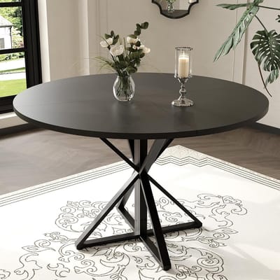 Ronde eettafel van 47 inch – Houten keukentafel voor 4 personen, ronde eettafels in boerderijstijl met metalen voet – voor keuken, woonkamer – 120×120×76 cm – Zwart
