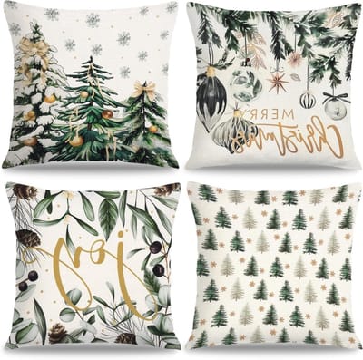 Set van 4 Decoratieve Kussenslopen 45 x 45 cm met Kerstboom en Sneeuwvlokken voor een Bohemian Sofa en Winterdecoratie