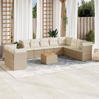 vidaXL - 11-delige - Tuinset - met - kussens - poly - rattan - beige