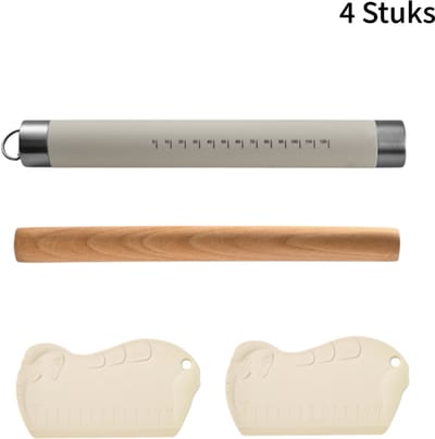 4 stuks bakgerei set - siliconen deegroller houten deegroller deegschraper - antiaanbaklaag - voor het maken van deeg en gebak - naturel hout en siliconen - duurzaam