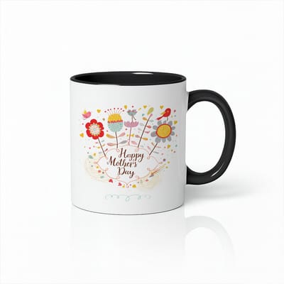 Happy Mother's Day Mok - Bloemen Design & Vogels - Keramiek - 330 ml - Zwart/Wit