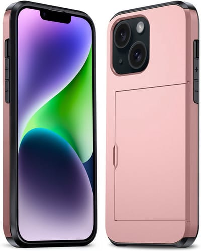 Hoesje Geschikt voor iPhone 14 Hoesje Pasjeshouder Shockproof Hard Case - Hoesje Geschikt voor iPhone 14 Hoes Met Kaarthouder - Rosé goud