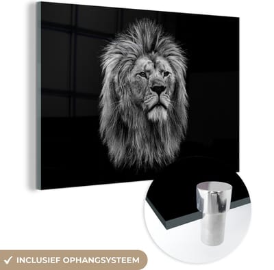 MuchoWow® Glasschilderij 60x40 cm - Schilderij acrylglas - Leeuw - Profiel - Zwart - Wit - Foto op glas - Schilderijen