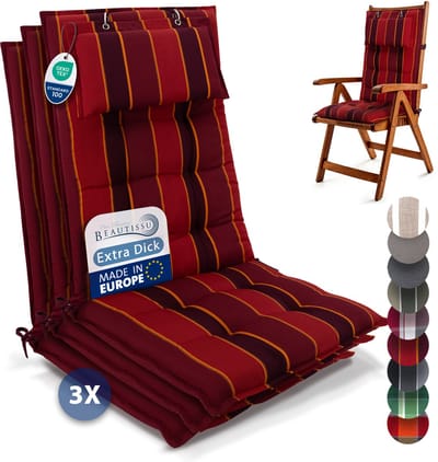 Beautissu Sun-HL - Set van 3 Premium Hoge Rugleuning Kussen met Hoofdkussen 120x50 cm – UV-bestendig & 8cm Dik Kussen Tuinstoelkussen Antislip Bevestigingsbanden – Stevige Stof Rood gestreept