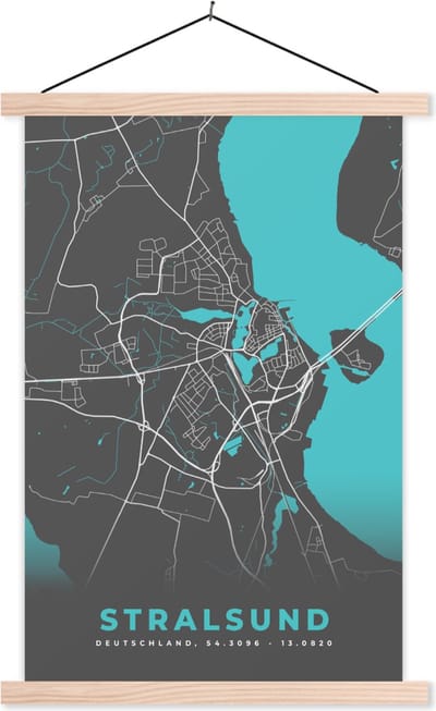 Posterhanger incl. Poster 120x180 cm - Schoolplaat - Stadskaart – Plattegrond – Duitsland – Blauw – Stralsund– Kaart - Textielposter - Blanke latten - Stadskaart
