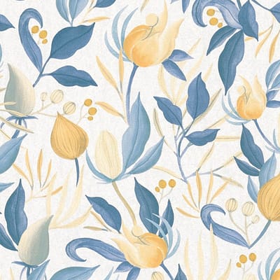 Bloemen behang Profhome 790626-GU vliesbehang hardvinyl warmdruk in reliëf licht gestructureerd met bloemmotief mat crème blauw pastelgeel goud 5,33 m2