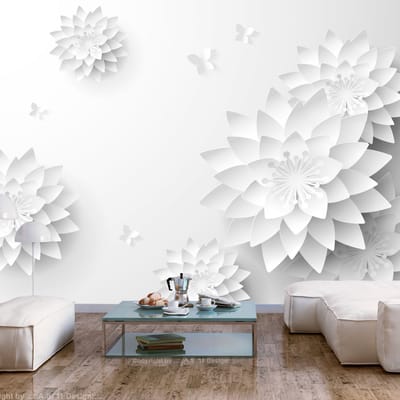200cm X 140cm - Fotobehang - Oriëntaalse witte bloemen, premium print vliesbehang, 5 maten, Instructie bijgesloten, zeer eenvoudig aan te brengen, geen behangtafel nodig