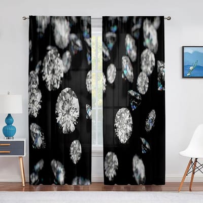 Vallende Sieraden Diamanten op De Zwarte Achtergrond Tule Gordijnen voor Woonkamer Slaapkamer Decor Chiffon Transparant Voile Raamgordijn 1 PCS W100XH250cm&Grommet Top