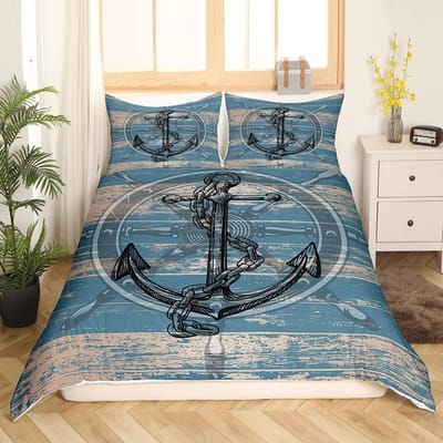Nautische Dekbedovertrek Set Boot Piraat Beddengoed Set King Size Retro Zeilboot Bruin Dekbedovertrek Anker Kompas Vintage Quilt Set AU Double(180x210cm)